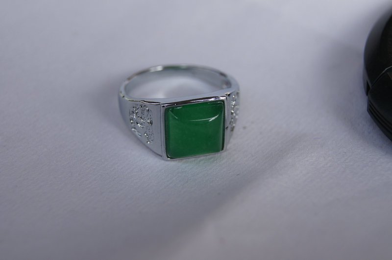 Jade square surface. Antique Tibetan silver inlay green jade ring