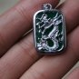Green jade, enchase Tibet silver dragon pendant square. Amulet necklace.
