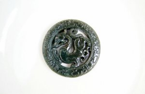 Manual two-sided openwork. Natural deep green jade, (retro) Long.(Amulet).Pendant.50x5mm.