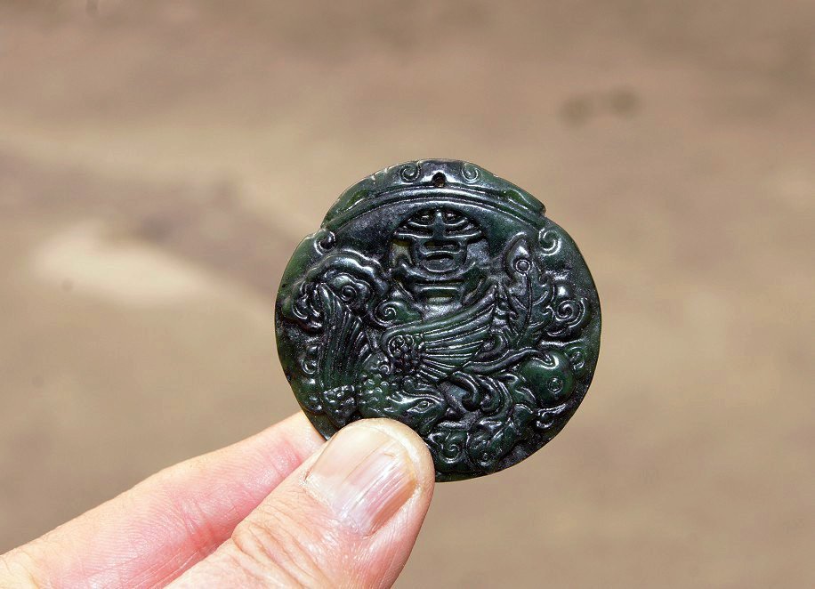Natural dark green jade. Phoenix, (the hi word) lucky jade necklace