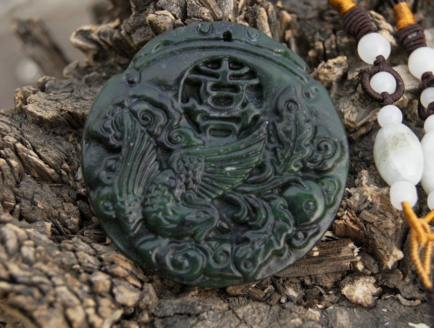 Natural dark green jade. Phoenix, (the hi word) lucky jade necklace