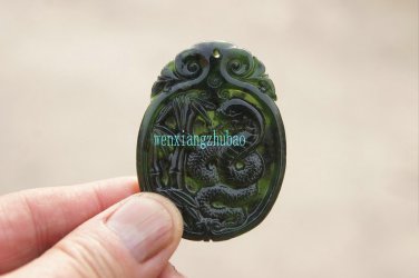 Handmade, dark green jade the silver snake drama bamboo. Necklace pendant 48x37x5mm