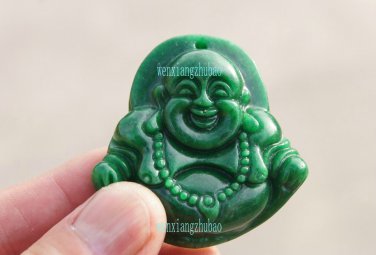 Green jade amulet, wearing prayer beads fish Laughing Buddha. Necklace Pendants 44x44x14mm