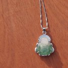 Antique alloy insert floating green jade amulet, laughing buddha. Necklace Pendants 22x17x7mm