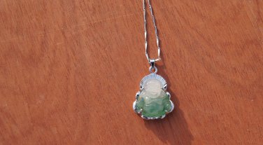 Antique alloy insert floating green jade amulet, laughing buddha. Necklace Pendants 22x17x7mm