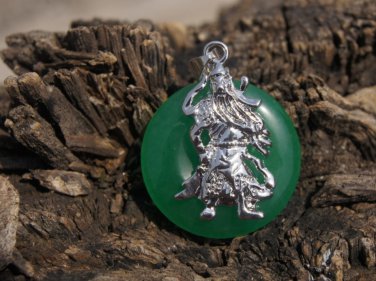Guan Ping inlay alloy buckle (Four Seasons peace) green jade, (amulet). Necklace pendant