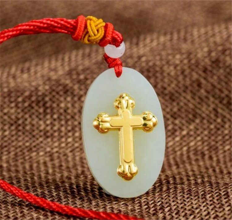 Gold inlaid jade amulet Christian crosses, necklaces and pendants