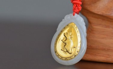Gold inlaid jade (rat ox tiger rabbit) constellation necklace pendant (talisman)