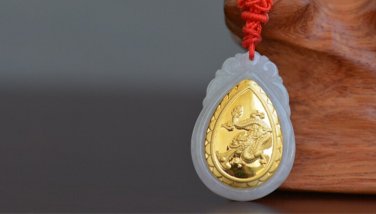 Gold inlaid jade (dragon snake horses sheep) constellation necklace pendant (talisman)
