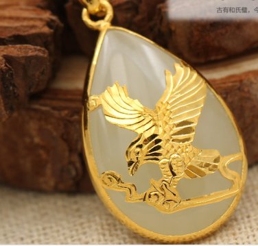 Gold inlaid jade white water droplets eagle (future) charm necklace pendant