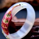 Excellent wide white agate bracelet The peacock Mosaic of carve patterns or