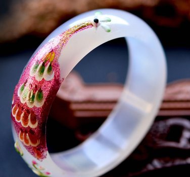 Excellent wide white agate bracelet The peacock Mosaic of carve patterns or