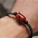 Pure manual weaving dark green square knot + 1 red drum agate beads lucky bracelet