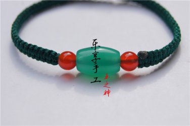 Pure manual weaving dark green, flat knot + 1 green drum agate beads Lucky bracelet