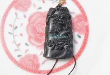 Natural dark green jade pendant. The magpie is in bamboo, the lucky necklace