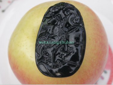 Natural dark green jade. A hand-carved oval necklace pendant. Crowing rooster,