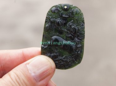 A hand-carved oval pendant. Natural dark green jade. Unicorn unicorn,