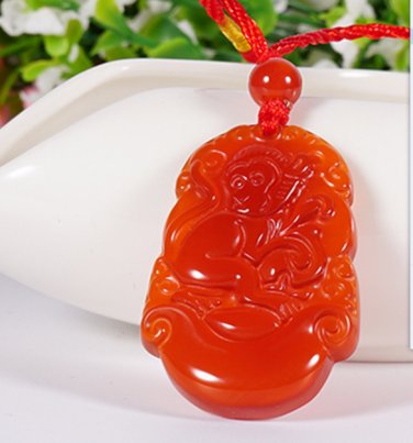 Natural red agate - hand-carved (12 Chinese zodiac) monkey. Pendant necklace pendant