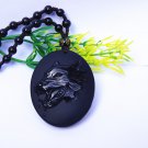 Hand-carved natural obsidian Wolf, elliptic necklace, pendant.
