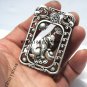 .Vintage copper and white dog money (blessing). Rectangular lucky necklace pendant.