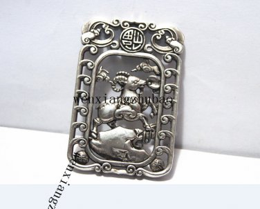 .Vintage white bronze double-sided sheep money (lucky words). Rectangular lucky necklace pendant.