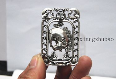 Antique white copper double-sided ox. Rectangular lucky necklace pendant.