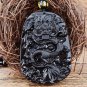 .Natural obsidian. Hand-carved oval flying dragon in sky - amulet - necklace pendant.