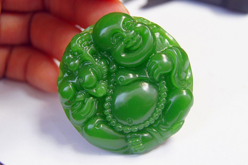 Hand-carved Mongolian jade laughing Buddha opera, a round talisman ...