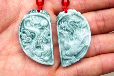 Natural blue field color jade, hand-carved dragon and phoenix matching necklace pendant.