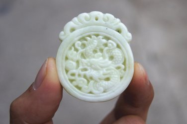 Natural white jade pendant, handmade. (rose) dragon play ball. Amulet pendant necklace.