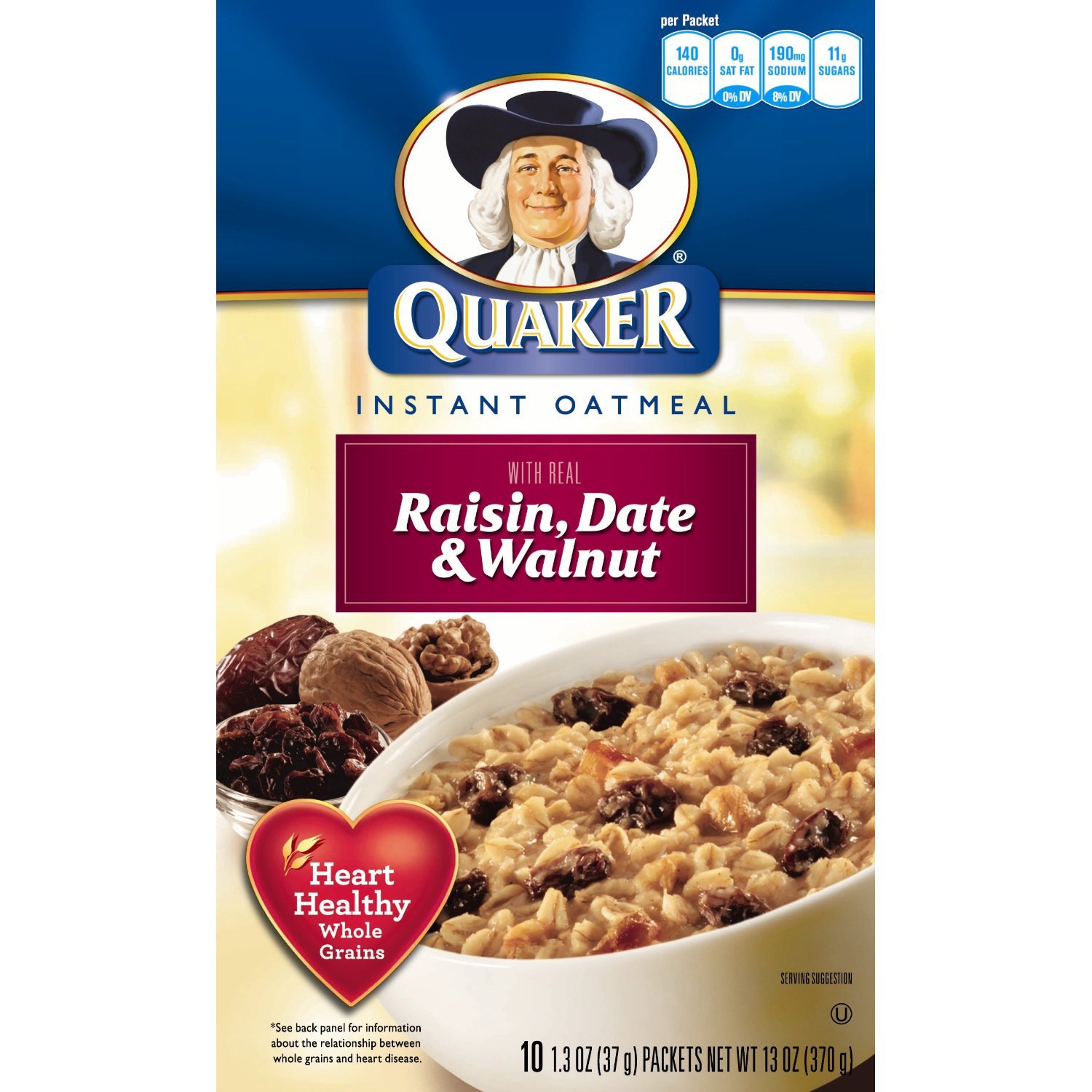 Quaker Instant Oatmeal Raisin, Date & Walnut, 10-Count Boxes (Pack of 4)