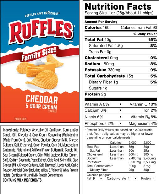 Frito Lay, Ruffles, Family Size, Cheddar & Sour Cream Potato Chips, 9oz Bag