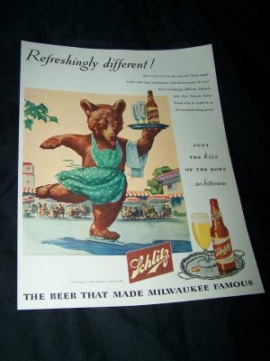 Vintage 1945 SCHLITZ BEER Ice Skating Bear Print Ad