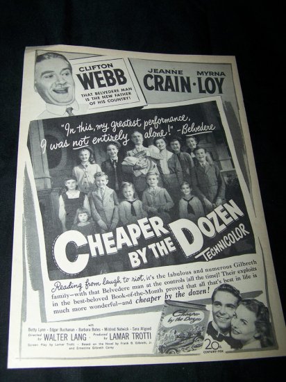 Vintage 1950 CHEAPER BY DOZEN Jeanne Crain Print Ad