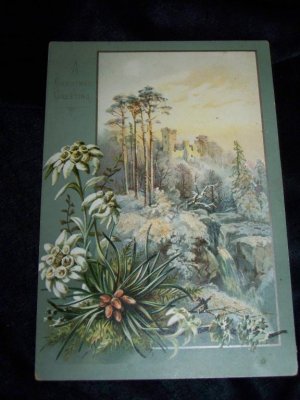 Antique 1880s Chromo Litho CHRISTMAS CARD Snow Castle