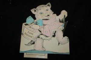 Antique Vintage 1920s KITTY CAT Basket Birthday Card