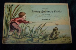 Antique Little Boy & Frog Cart Chromolithograph Victorian Fancy Business Trade Card Tradecard