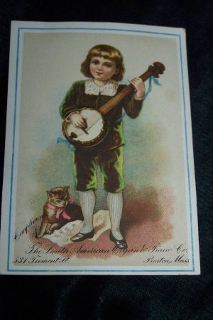 Antique Little Boy Banjo Kitten Cat Chromolithograph Victorian Piano Trade Card Tradecard