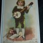 Antique Little Boy Banjo Kitten Cat Chromolithograph Victorian Piano Trade Card Tradecard