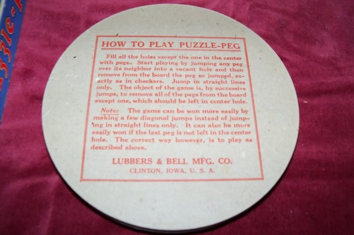 Vintage 1930s Puzzle Peg Lubbers And Bell Strategy Board Game