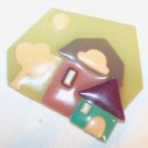 Vintage 1980s Modernist Art Deco Lucinda House Plastic Layered Pin Brooch Green Tan