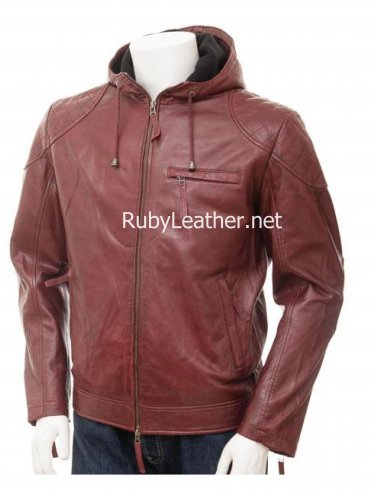 Men Oxblood Hood Leather jacket , Men Leather jacket,leather jacket with hood.
