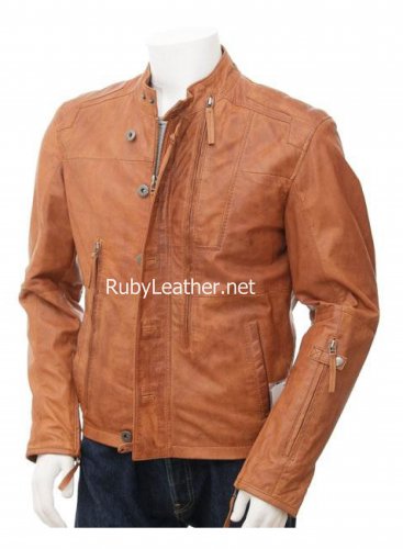 Tan color Men`s Biker Leather Jacket
