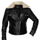 women motorbike leather jacket black biker jacket fur collar all sizes available