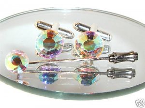 Wedding Crystal AB Cufflinks & Cravat Tie Pin Gift made with SWAROVSKI ELEMENTS