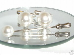White Pearl Cufflinks&Pin made with SWAROVSKI  ELEMENTS