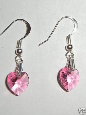 Sterling Silver Rose Crystal Heart  Earrings 925 made with SWAROVSKI ELEMENTS