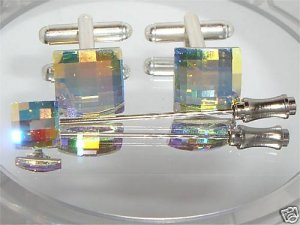Wedding Chess Crystal AB Cufflinks Tie Pin Groom made with SWAROVSKI ELEMENTS