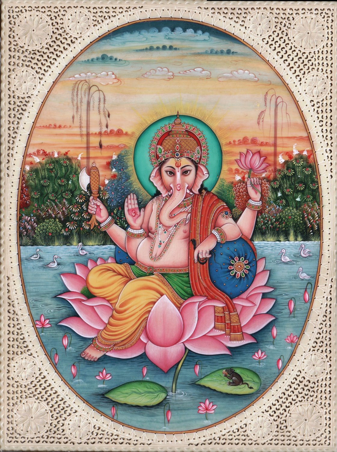Lord Ganesha Indian Hindu Miniature Painting Handmade Religious Watercolor Art