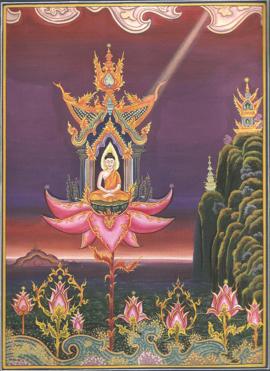 Buddha on Lotus Painting India Spiritual Handmade Buddhist Buddhism